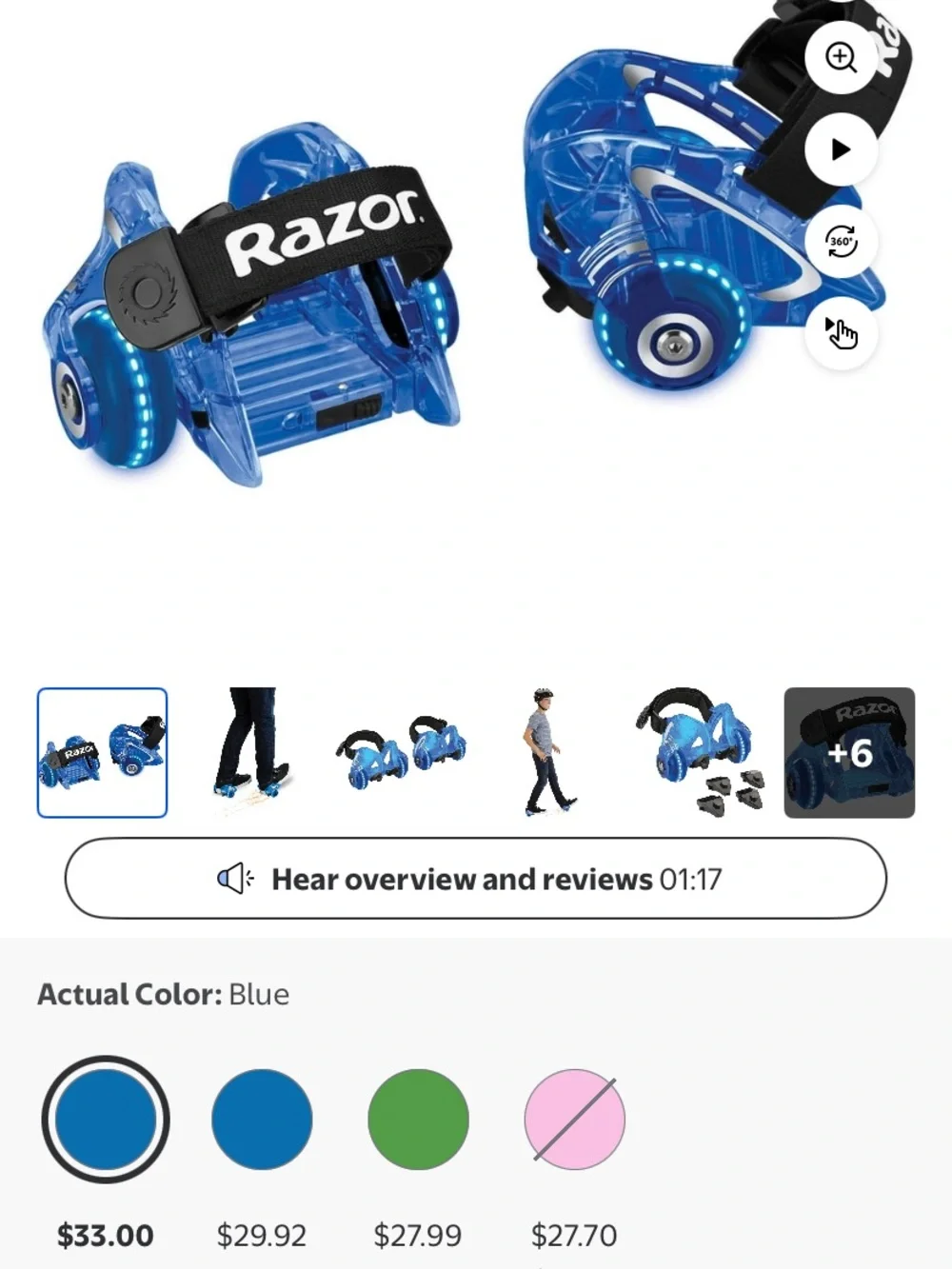 Razor Blue LED Strap-On Skate Heels with Black Razor Straps